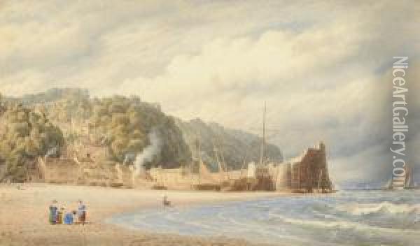 Children On A Beach At Low Tide, Cottages And Fishing Boats Beside A Stone Quay Beyond Oil Painting - Cornelius Varley