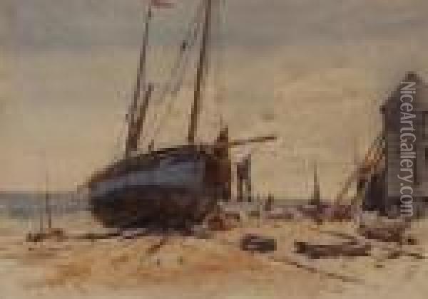 Beached Fishing Boats At Hastings Oil Painting - Charles Rowbotham