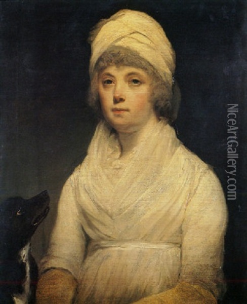 Portrait Of Mrs. Mary Webb, Nee Smith, Wearing White Muslin Dress And Turban, A Dog At Her Knee Oil Painting - Sir John Hoppner