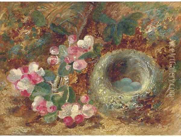 Apple blossom and a bird's nest on a mossy bank Oil Painting - Vincent Clare