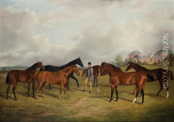 Hunters And Groom In A Paddock Oil Painting - George Henry Laporte