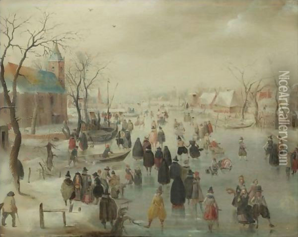 An Extensive River Landscape With Numerous Skaters Before A Church, A Village Beyond Oil Painting - Hendrick Avercamp