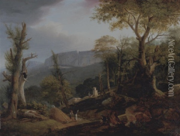 An Extensive Mountainous Landscape With An Artist Sketching On A Hillside With Charcoal Burners And Travellers At A Shrine Beyond Oil Painting - Polydore Roux