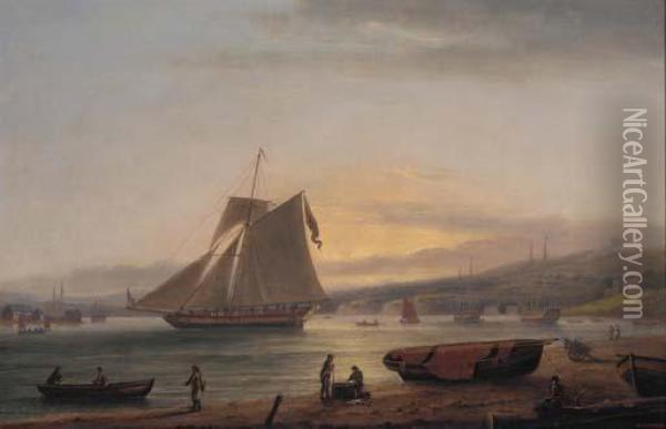Teignmouth Harbour With A Cutter Heading Out To Sea Oil Painting - Thomas Luny