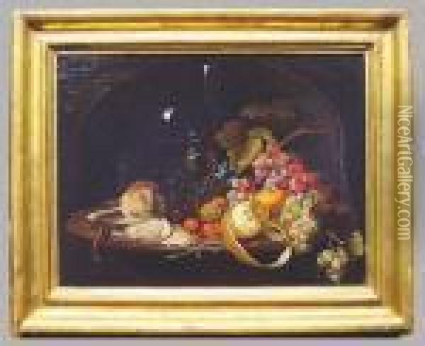 Still Life In A Niche With Fruit, Nuts, Oyster, Wine Goblet Andfluted Glass Oil Painting - Abraham Mignon