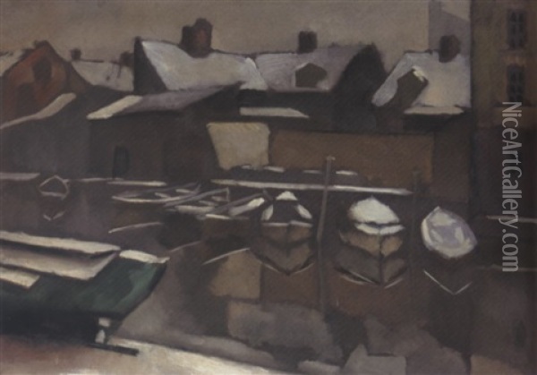 Roofs And Boats, Norway Oil Painting - Vladimir Davidovich Baranoff-Rossine