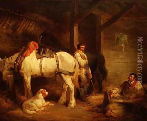 Labourers and Carthorses in a Stable Interior Oil Painting - George Morland