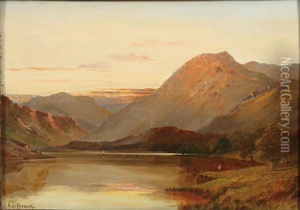 Highland Loch Landscape At Dusk Oil Painting - Alfred de Breanski
