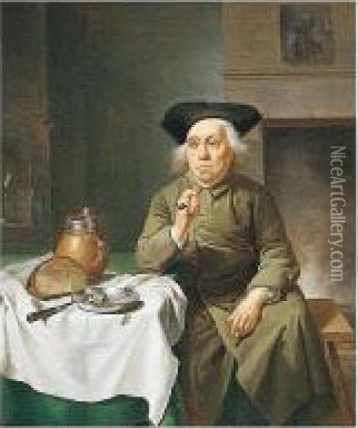 Interior With A Man Seated Before A Table Smoking A Pipe Oil Painting - Justus Juncker