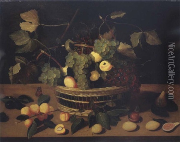 Un Panier De Raisins Et D'abricots, Des Branches D'abricotier, Des Prunes Et Des Figues Sur Un Rebord En Bois Oil Painting - Jacob van Hulsdonck