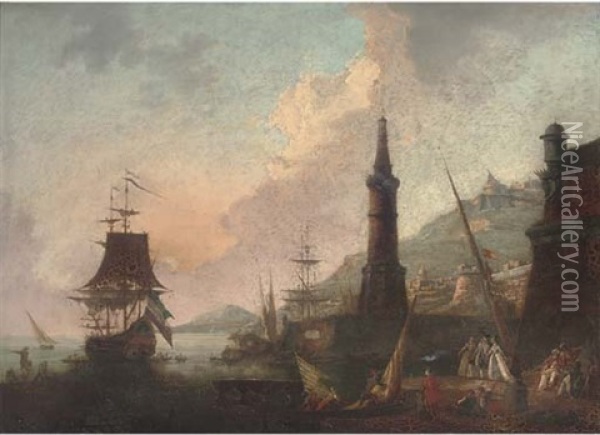 A Mediterranean Harbour With Elegant Company And Merchants By A Lighthouse, Shipping Beyond Oil Painting - Adrien Manglard