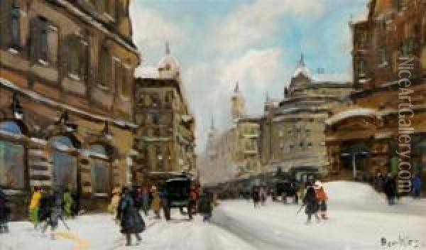 Winter Street Scene Oil Painting - Antal Berkes