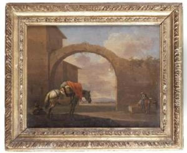 A Packhorse In A Courtyard Oil Painting - Jan Asselyn