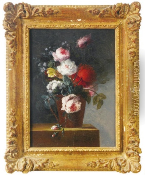 Roses And Peonies In A Pitcher On A Ledge Oil Painting - Adele Riche