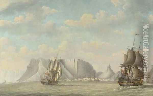 A squadron of Dutch ships, a capriccio view of the Tafelberg, Cape Town, beyond Oil Painting - Engel Hoogerheyden