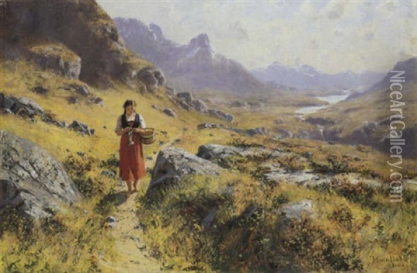 Norwegische Landschaft Mit Strickendem Madchen Oil Painting - Hans Dahl