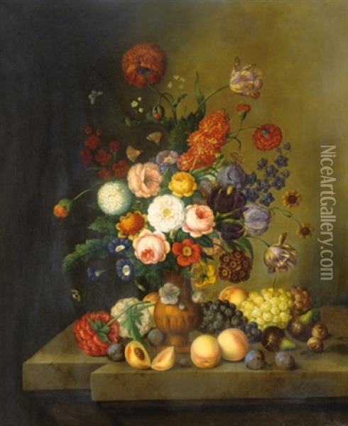 Flower- And Fruit Still Life Oil Painting - Jozsef Borsos
