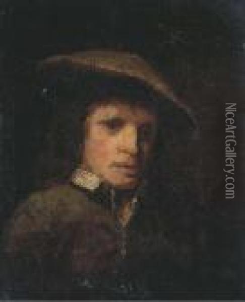 Portrait Of A Man, Bust-length, In A Green Coat, Chemise And Greencap Oil Painting - Rembrandt Van Rijn