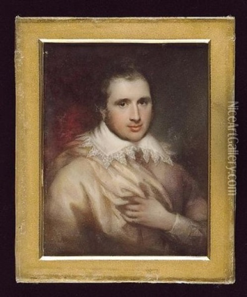 An Actor Wearing Mauve Doublet, White Van Dyck Collar, Matching Cuff And Cream Cloak Over His Right Shoulder, His Left Hand Raised To His Chest Oil Painting - Henry Collen