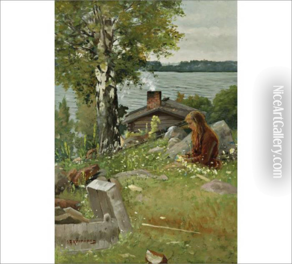 Girl Picking Flowers Oil Painting - Sigfrid August Keinanen