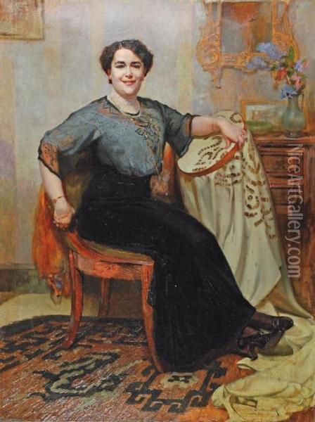 Portret Lwowianki W Czarnej Sukni Oil Painting - Leonard Winterowski