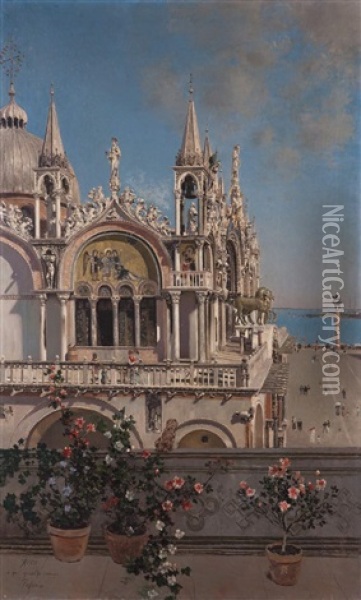 Vista De La Basilica De San Marcos De Venecia Desde Un Balcon Oil Painting - Martin Rico y Ortega