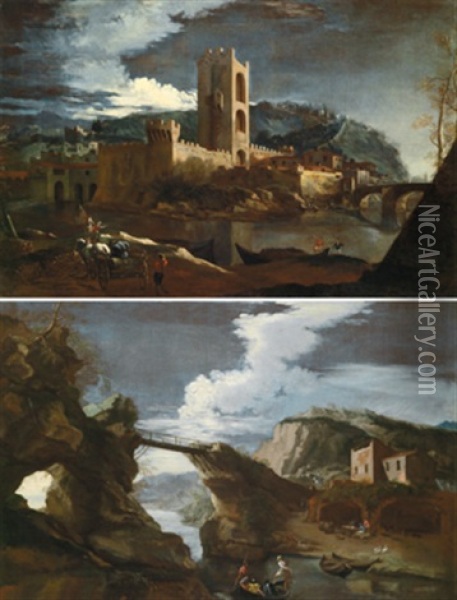 Muhlen Von San Nicolo Am Arno (+ Another; 2 Works) Oil Painting - Lieven Mehus