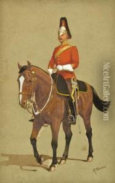 Equestrian Portrait Of An Officer Of The Household Cavalry Oil Painting - Richard Simkin
