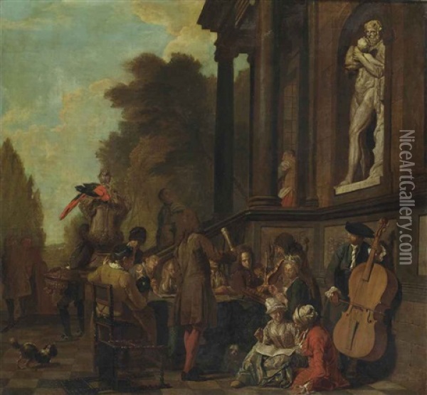 A Park Landscape With A Musical Party Outside An Italianate Villa Oil Painting - Jan Josef Horemans the Younger