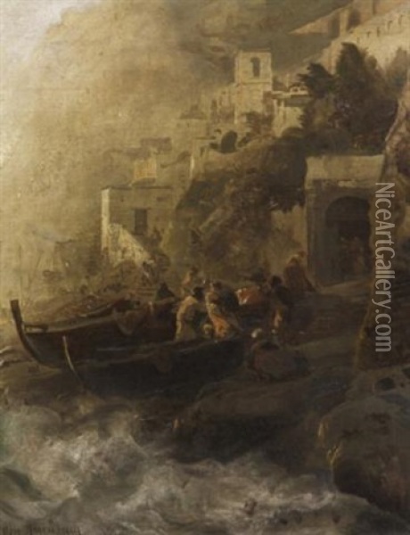Heimkehrende Fischer Bei Ihren Booten Am Ufer Der Amalfikuste Oil Painting - Oswald Achenbach