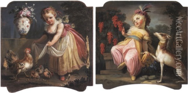 Una Fanciulla Con Gallina E Pulcini In Un Paesaggio Oil Painting - Michele Antonio Rapous