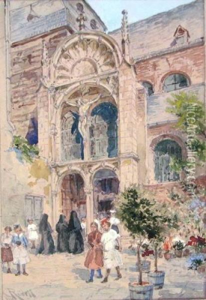 Kirchganger Vor Dem Portal Von St. Georg In Koln. 1925 Oil Painting - Carl Rudell