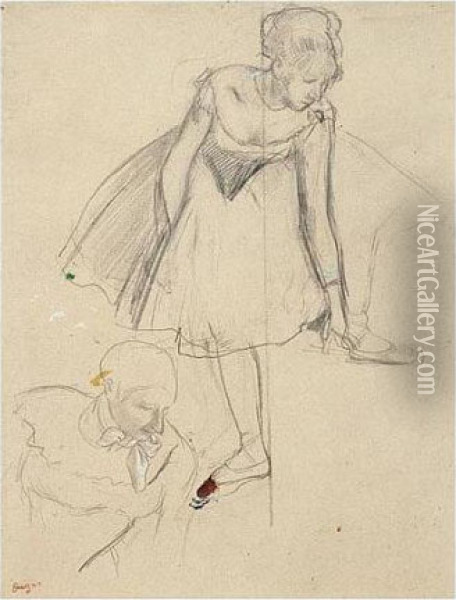Danseuse Rajustant Son Chausson, Buste De Pierrette Oil Painting - Edgar Degas