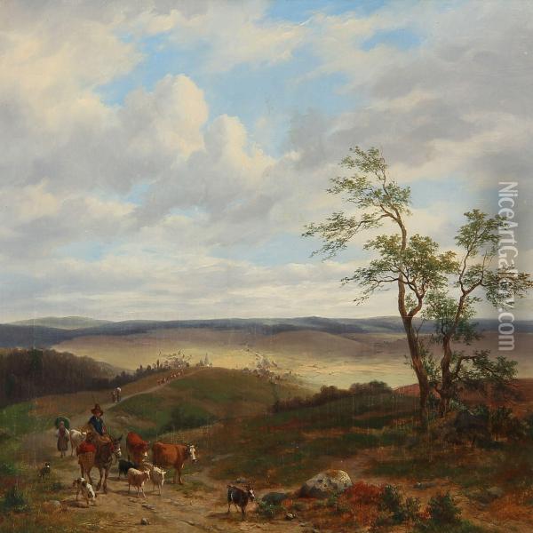 Landscape With A Farmer And Animals On Their Way Home From A Market Oil Painting - Lodewyk De Maertelaere