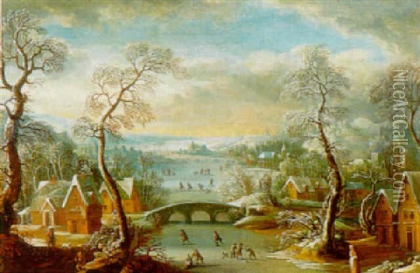 Paysage D'hiver Avec Patineurs Oil Painting - Robert Griffier