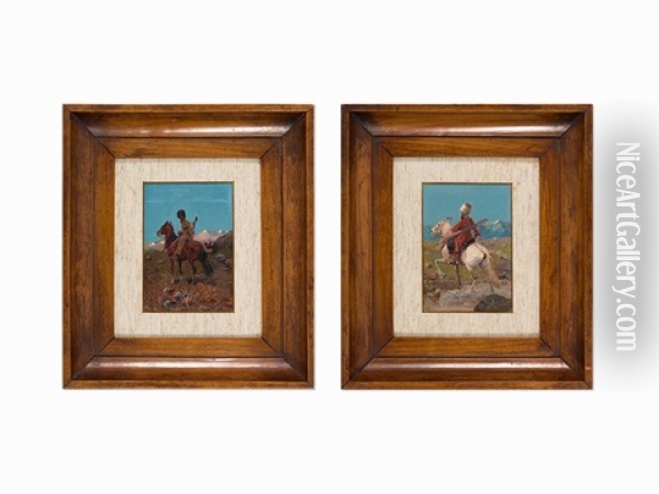 Riders On Horses (pair) Oil Painting - Franz Roubaud