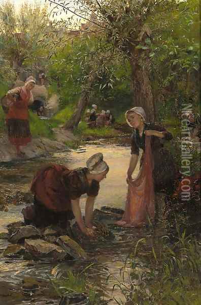 Brittany girls washing in a stream Oil Painting - Lionel Percy Smythe