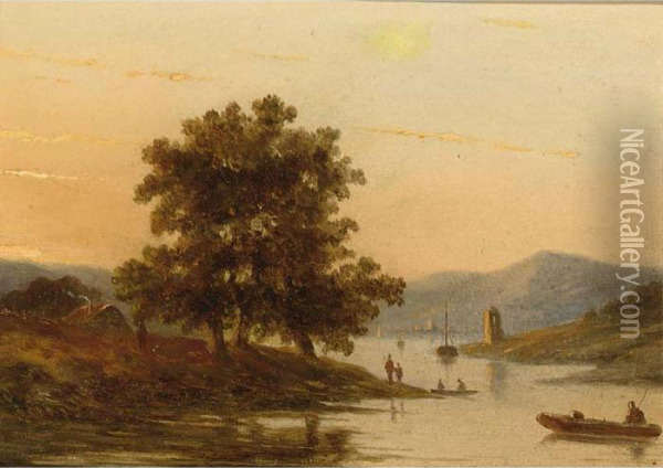 Figures By A Lake In A Mountainous Landscape Oil Painting - Sierig Louis