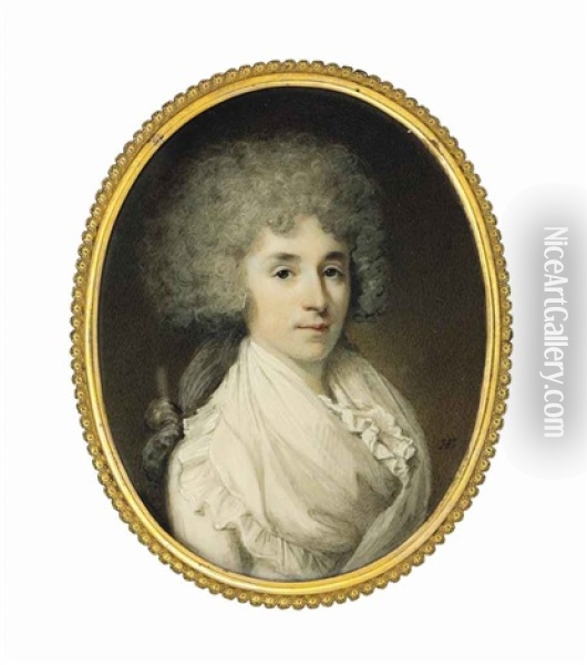 Lady Payne, Nee Kelbel, In White Dress With White Fichu, Her Powdered Curling Hair Partially Upswept Oil Painting - Henry Edridge