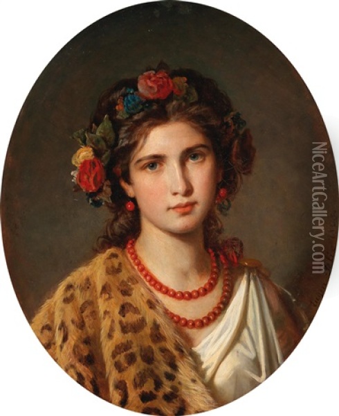 Portrait Of A Girl With Wreath Of Roses In Her Hair And Leopard Skin Oil Painting - Karl Eugene Felix