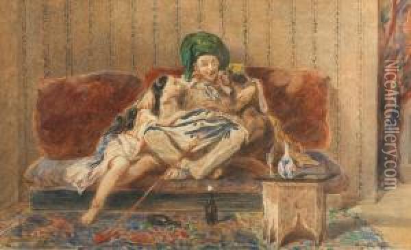L'oriental Et Ses Deux Concubines Oil Painting - Alfred Marsaud