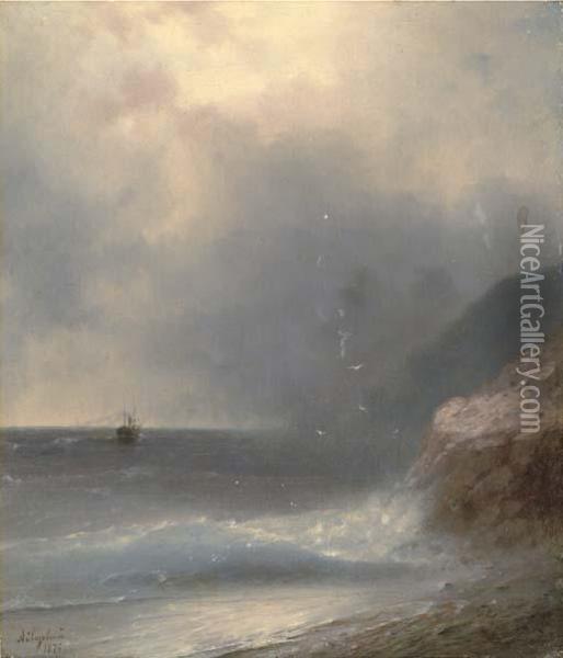 A Shipping Vessel Off The Coast Oil Painting - Ivan Konstantinovich Aivazovsky