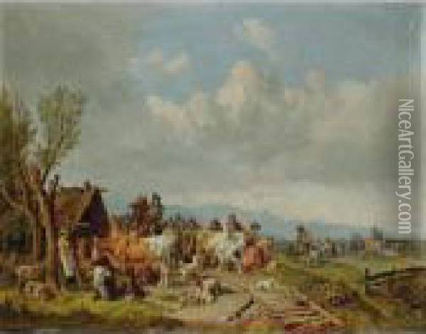The Village Cattle Market Oil Painting - Heinrich Burkel