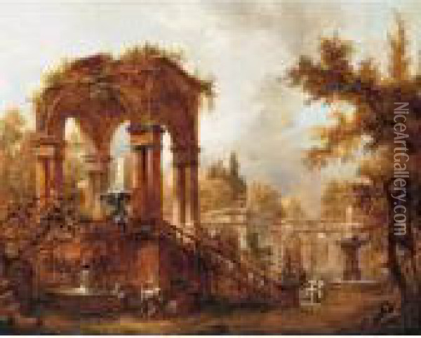 An Architectural Capriccio Of A Roman Villa And Its Gardens, With Figures By A Fountain Oil Painting - Hubert Robert