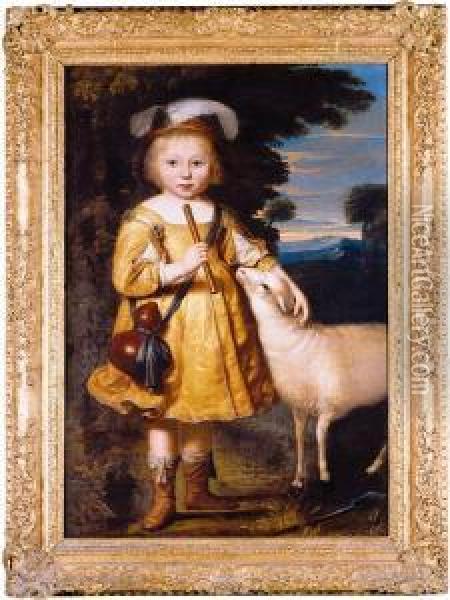 Portrait Of A Young Child Full Length Dressed As A 

 Shepherd And Holding A Pipe A Lamb Beside Him Oil Painting - Dirck Verhaert