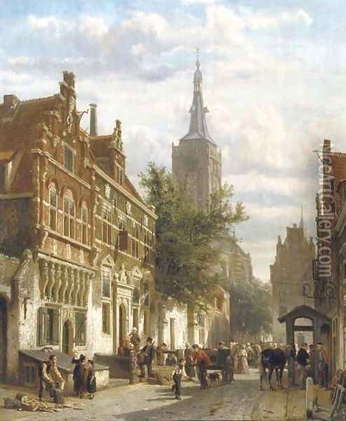 A sunny view of the Nieuwstraat in the Dutch town of Hasselt, with the St. Stephanus church beyond Oil Painting - Cornelis Springer