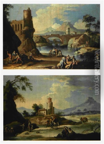 Paesaggi Con Figure (+ Another; 2 Works) Oil Painting - Francesco Simonini