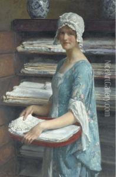 Her Dower: A Study Of A Girl Arranging Linen Oil Painting - William Henry Margetson