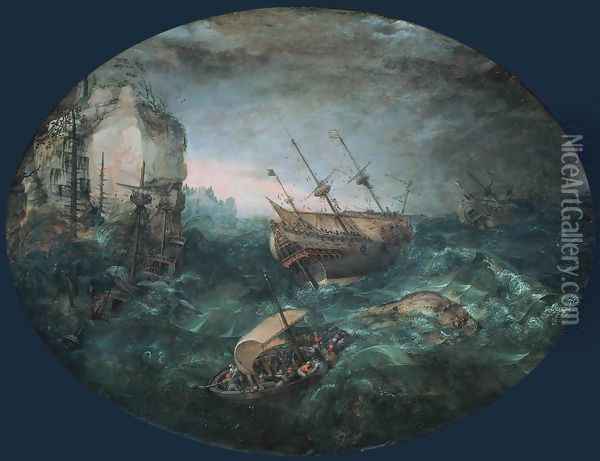 Shipwreck off a Rocky Coast 1614 Oil Painting - Abraham Willaerts