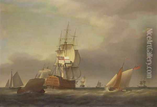 A Seascape with Men of War and Small Craft Oil Painting - Francis Holman